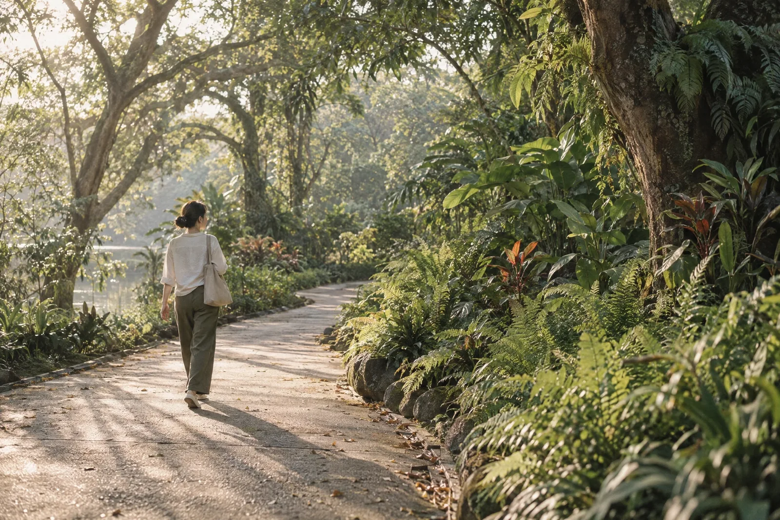 A person walking along a tropical green path; an editorial illustration