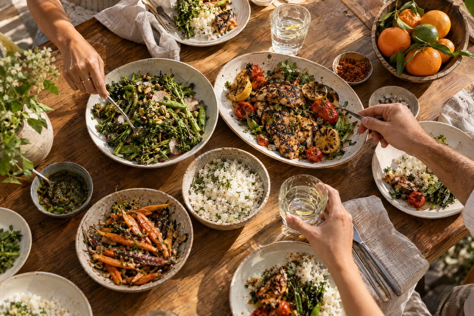 A shared lunch with vegetables and rice; an editorial illustration
