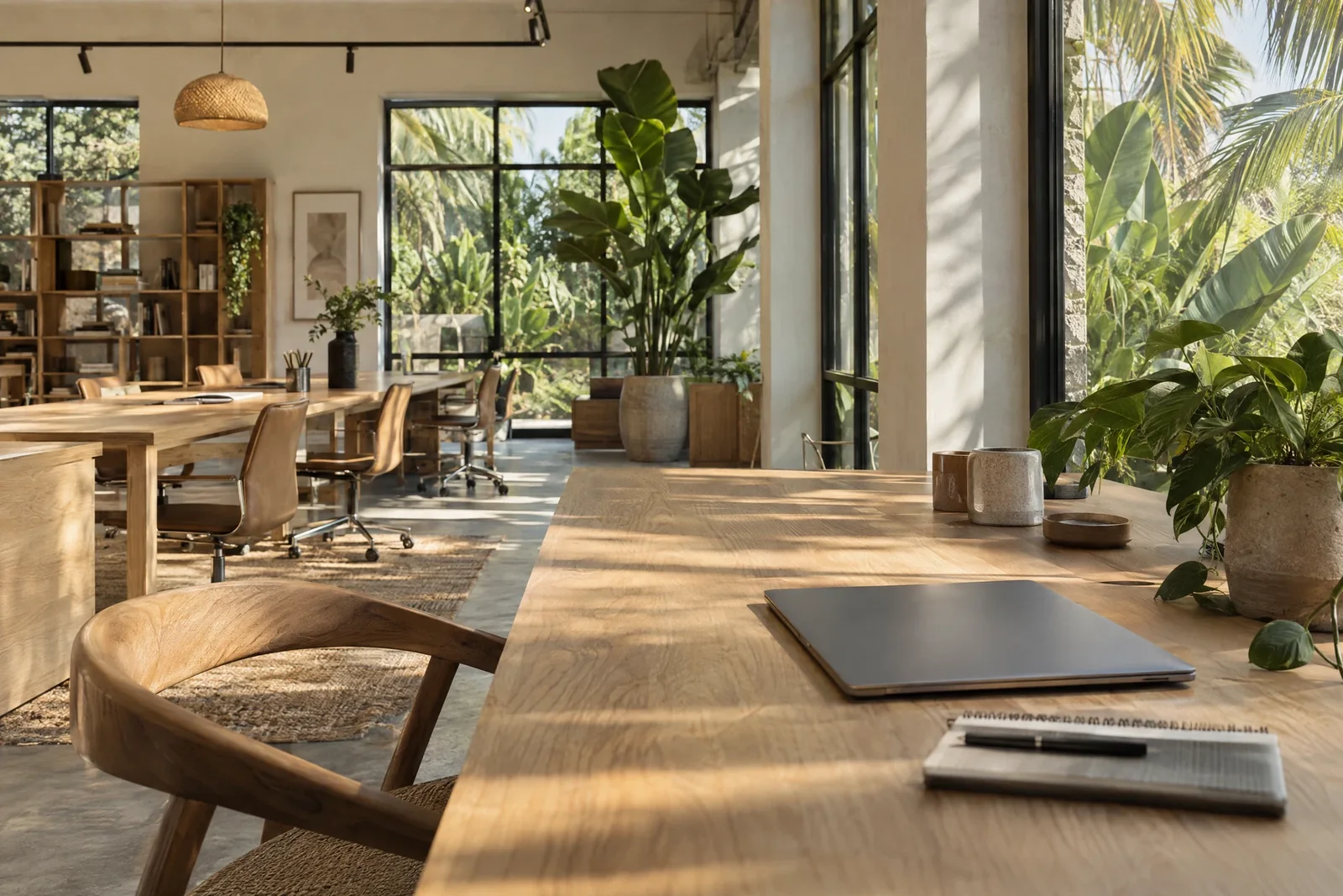 A daylit shared work studio with timber desks; an editorial illustration